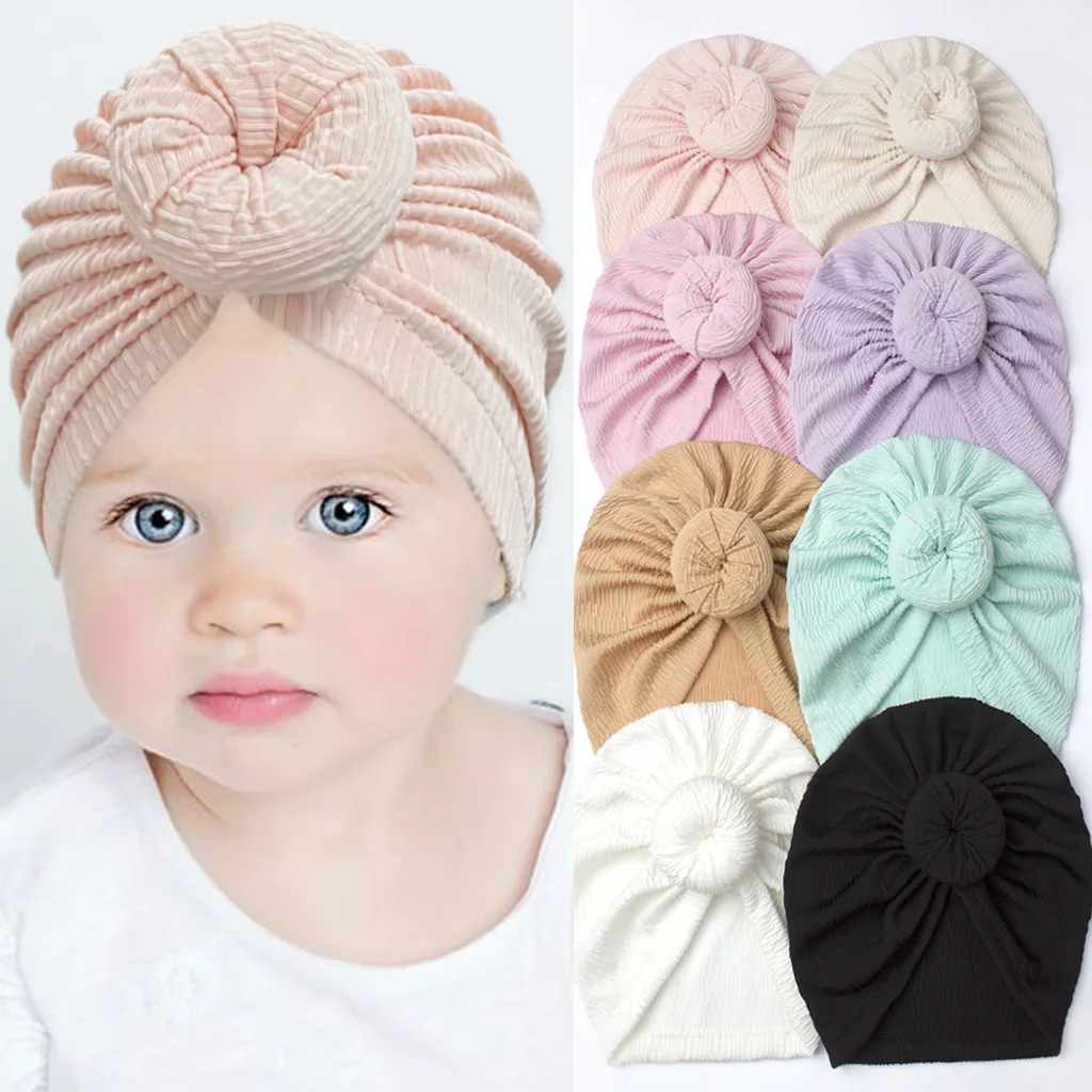 

Baby Round Knot Turban Caps Infant Beanie Caps Cotton Newborn Elastic Headscarf Solid Color Kids Rib Head Wraps Hair Accessories