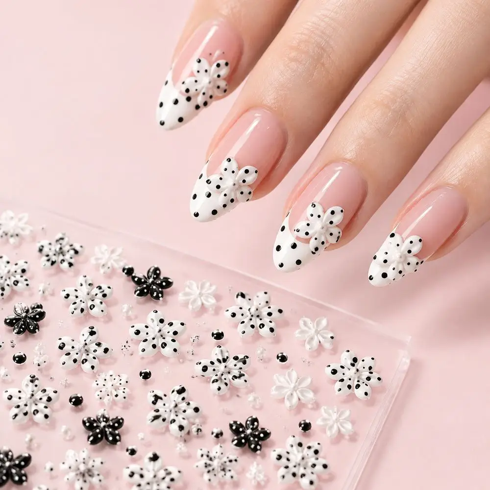1Pc Embossed Nail Decals Black White Polka Dot Flower Self Adhesive Sliders DIY Nail Decorations Set for UV Gel Acrylic Nails