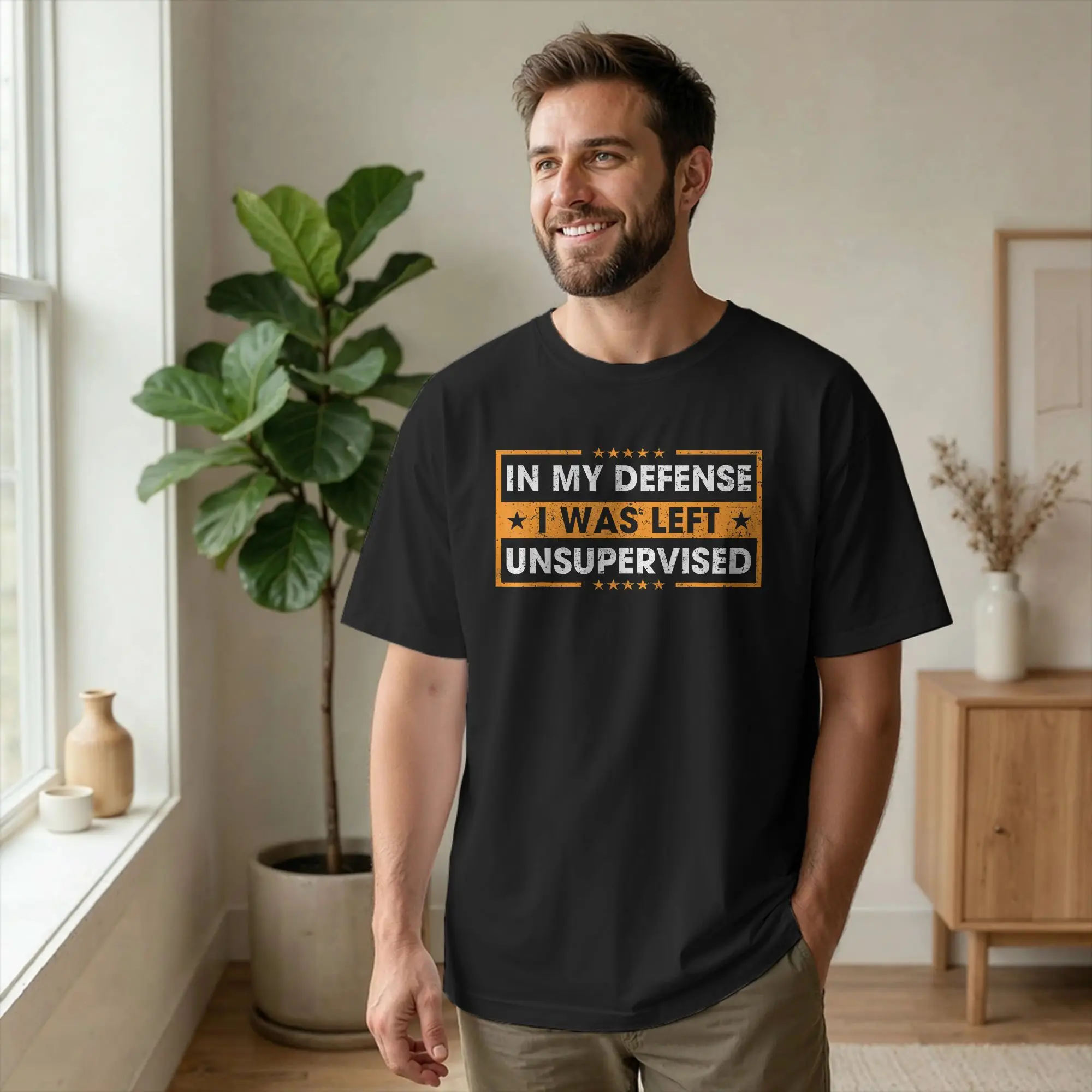 Funny Saying Defense I was Left Unsupervised T-Shirt Men Funny Cotton Tee Round Collar Short Sleeve T Shirt Gift merchandise
