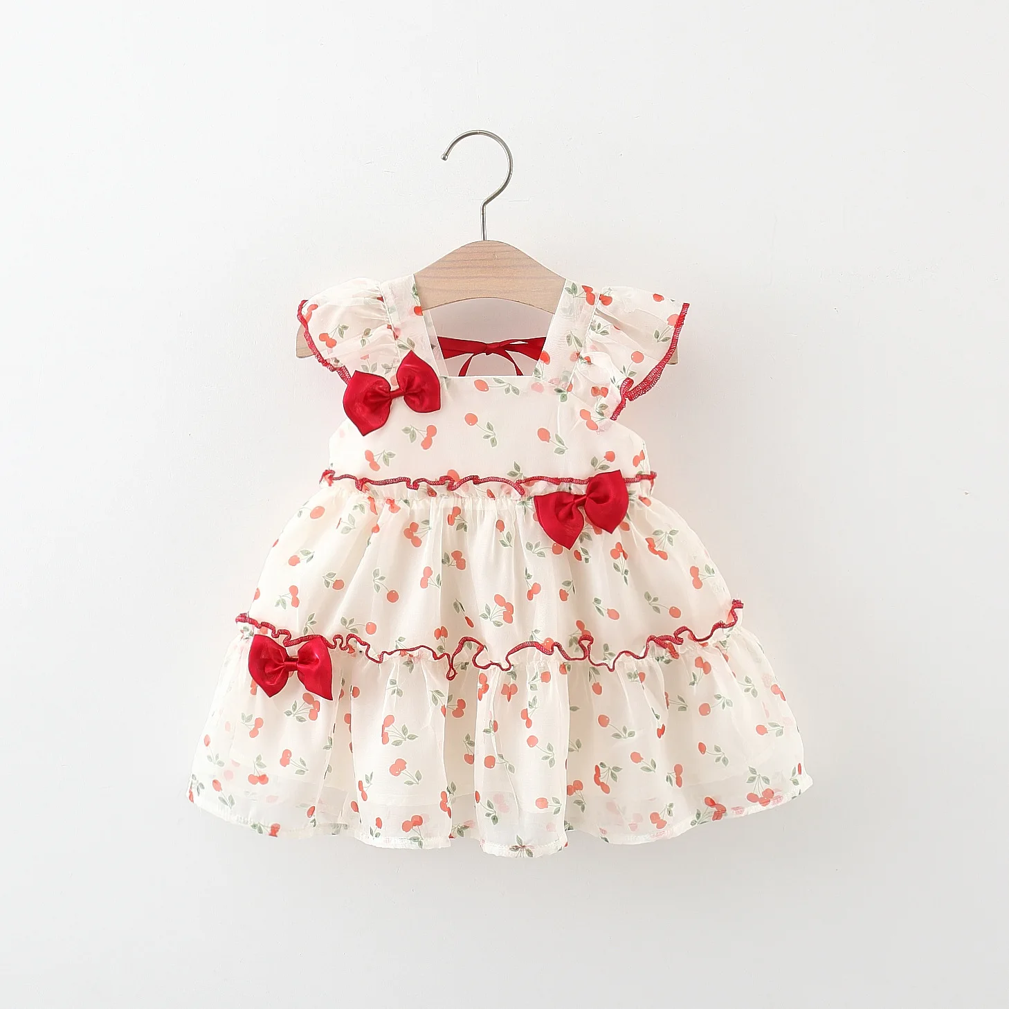

Summer Cool girl's dress Red bow Cherry chiffon dress Cute Holiday dress Comfortable children's dress Printed cake dress0-3years