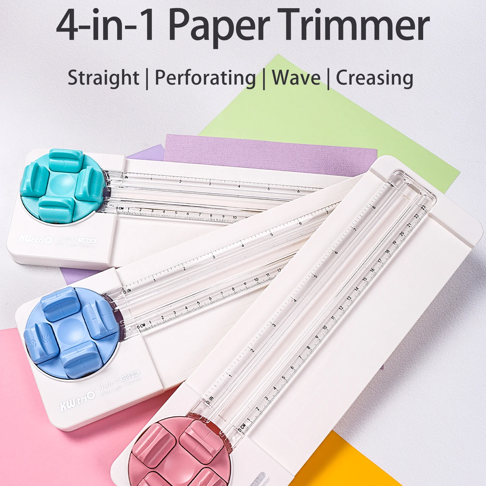 

KW-Trio Paper Trimmer 4-in-1 Rotary Cutter Desktop Paper Cutting Tool 23cm Length with Straight Wave Perforating and Creasing