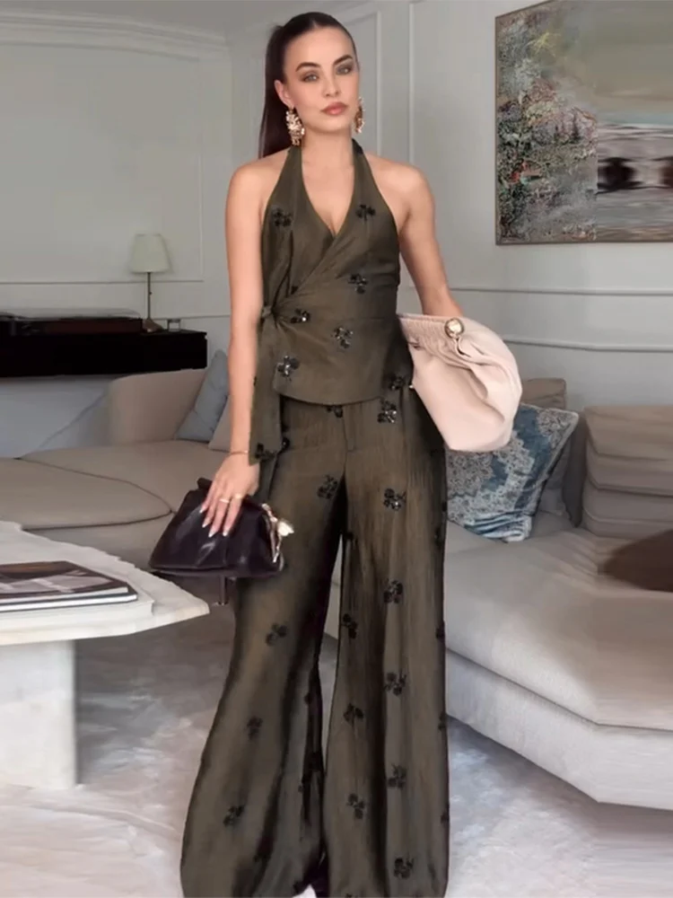 Vintage Pailletten-Hosenanzug für Damen: Neckholder-Top, ärmellos, rückenfrei, zum Schnüren, und lange, weit geschnittene Hose – Sommer 2026 Urlaub