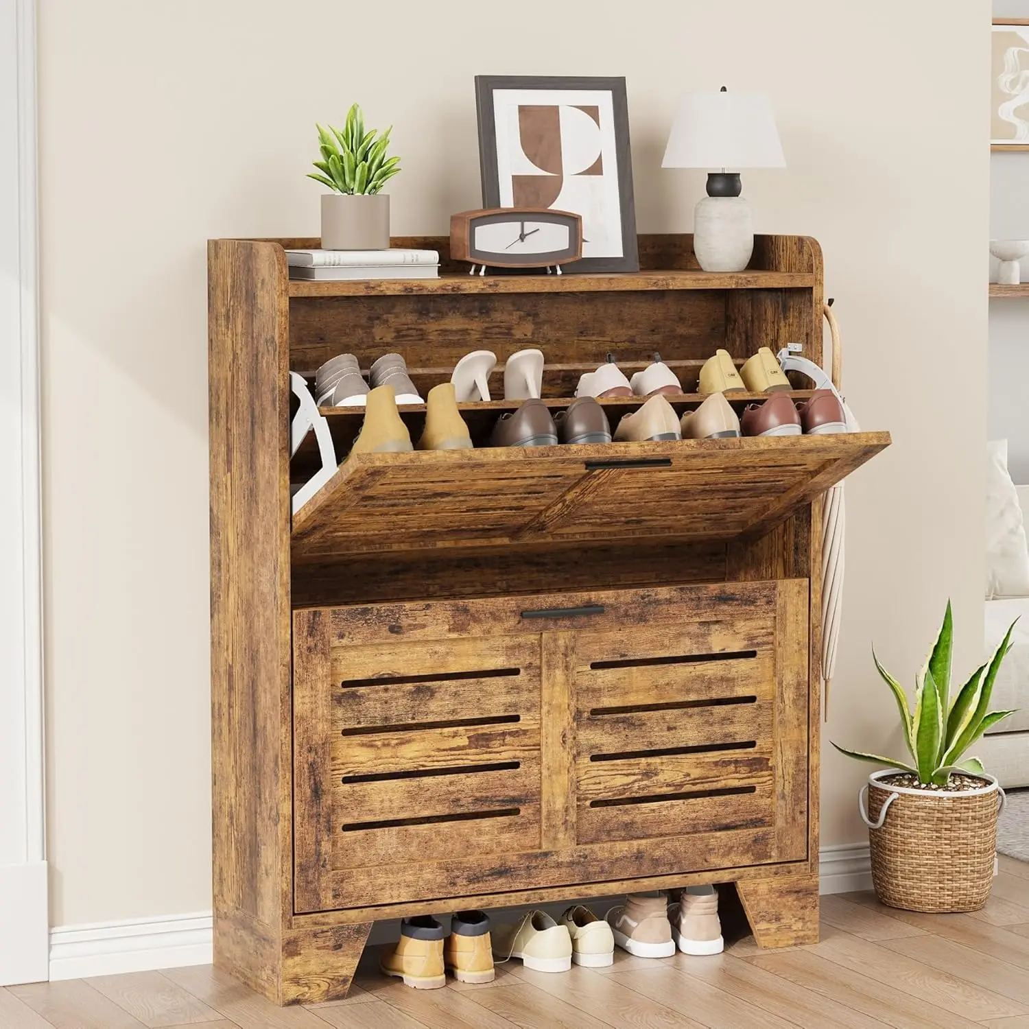 

Entryway Shoe Cabinet Storage Slim Shoe Cabinet with 2 Flip Drawers, Freestanding Narrow Shoe Rack with Hooks for Foyer Hallway