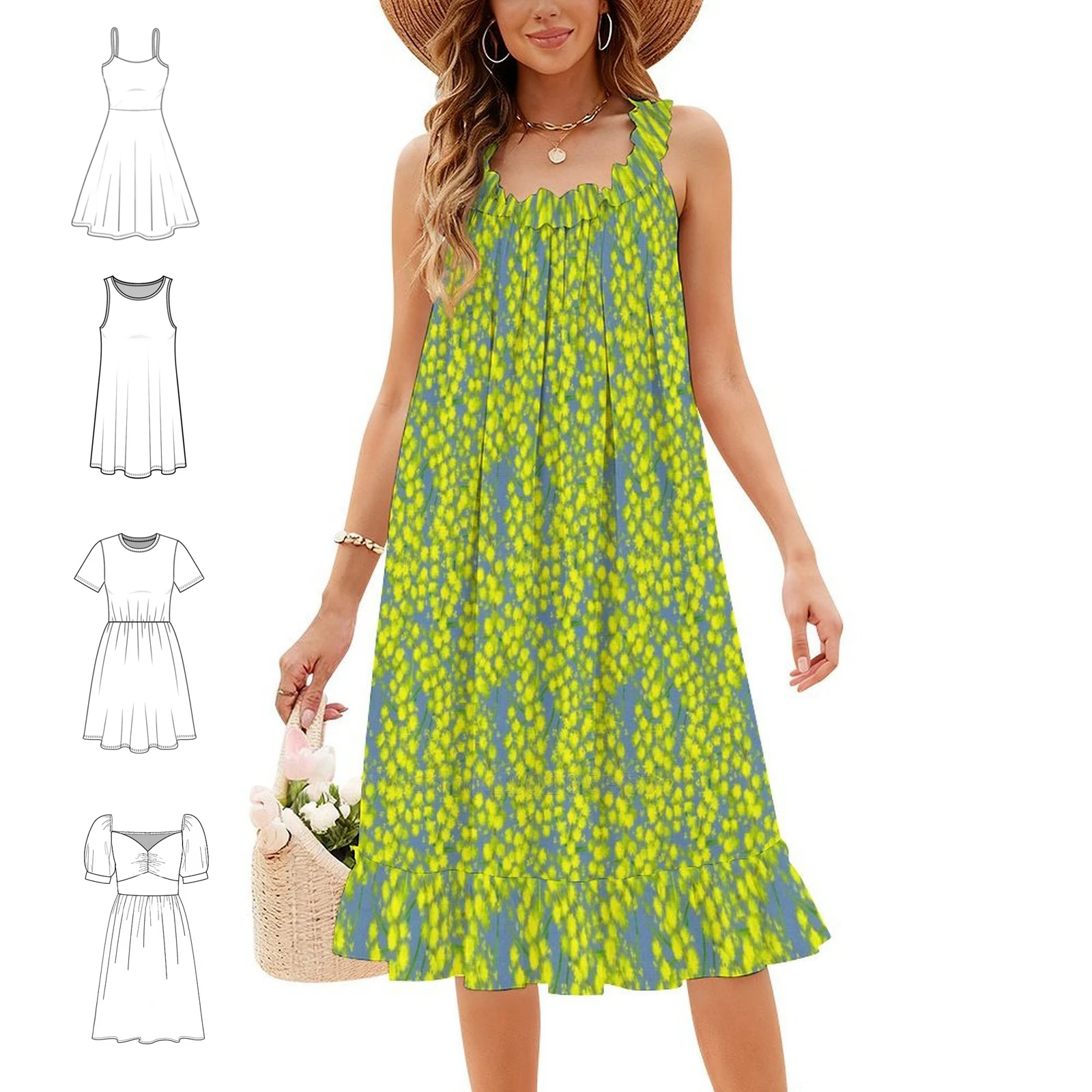 Vestido de fiesta elegante para mujer con estampado artístico de acacia amarilla, vestido de corte en A con opciones de manga corta/larga/sin mangas, amarillo acacia, azul