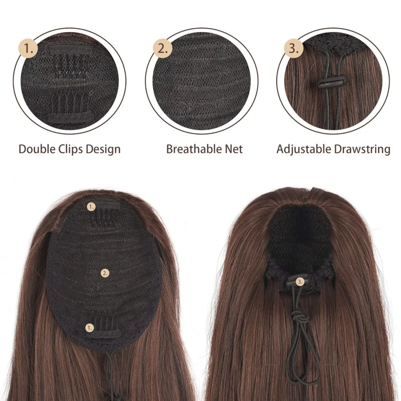 Women's drawstring elastic mesh extension , one-piece long straight hair ponytail wig