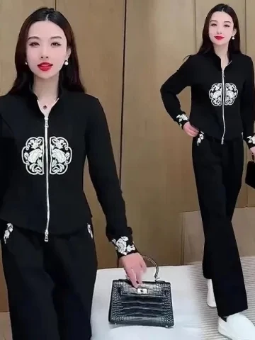 

Модный повседневный комплект из двух предметов с воротником-стойкой больших размеров: новая женская одежда для весны и осени, скрывающая недостатки фигуры, стройнящий ансамбль