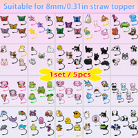 8MM 1/5pcs Cute Animals Straw Cover Cup Duck Cow Cat Panda Dog Straw Topper Frog Salamander Shark Cup Accessories