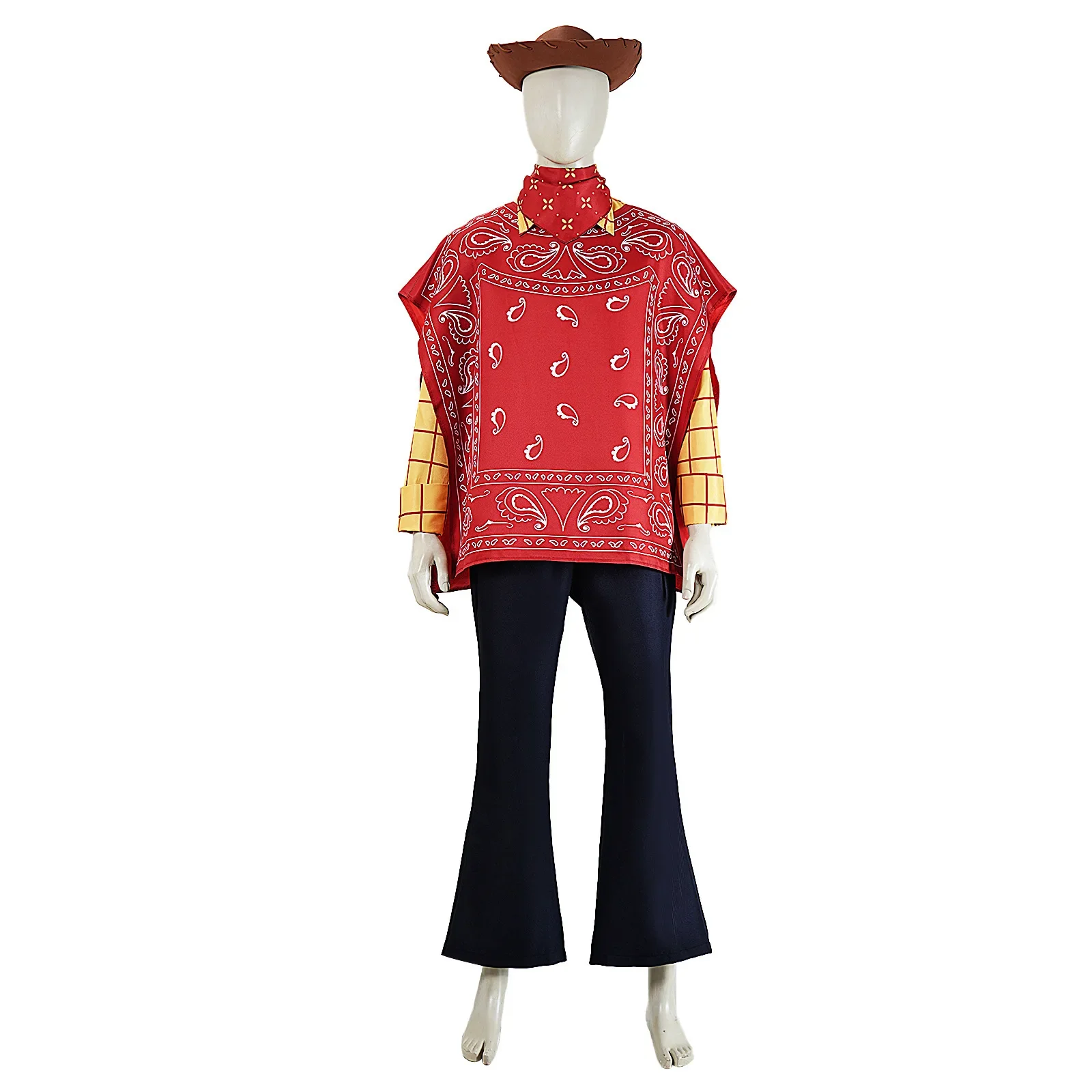 Cowboy Cosplay Costume Red Bandana Cape Yellow Plaid Shirt Dark Flare Pants with Hat Full Outfit for Halloween Carnival Party
