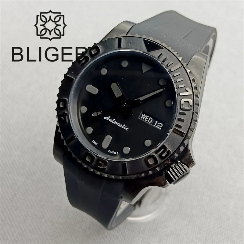 BLIGER 40mm Watch For Men NH36 Movement Week-day Display Function Full Black Dial PVD Case Curved End Rubber Strap Waterproof