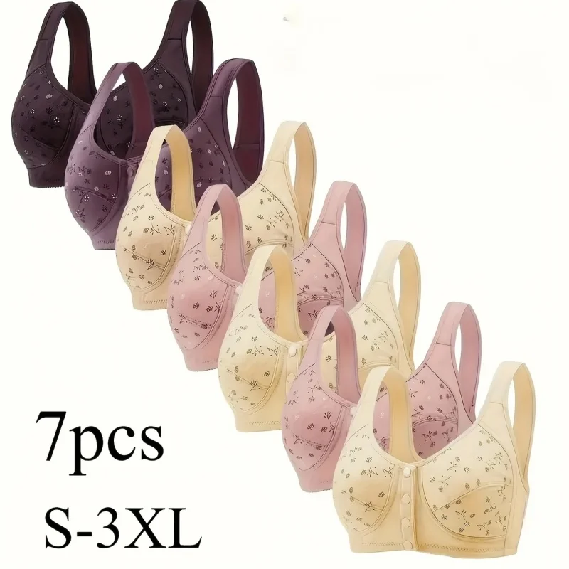 

Женский комплект спортивных бюстгальтеров с цветочным принтом из 7 предметов — без косточек, без подкладки, с застежкой спереди на пуговицах, удобный и дышащий