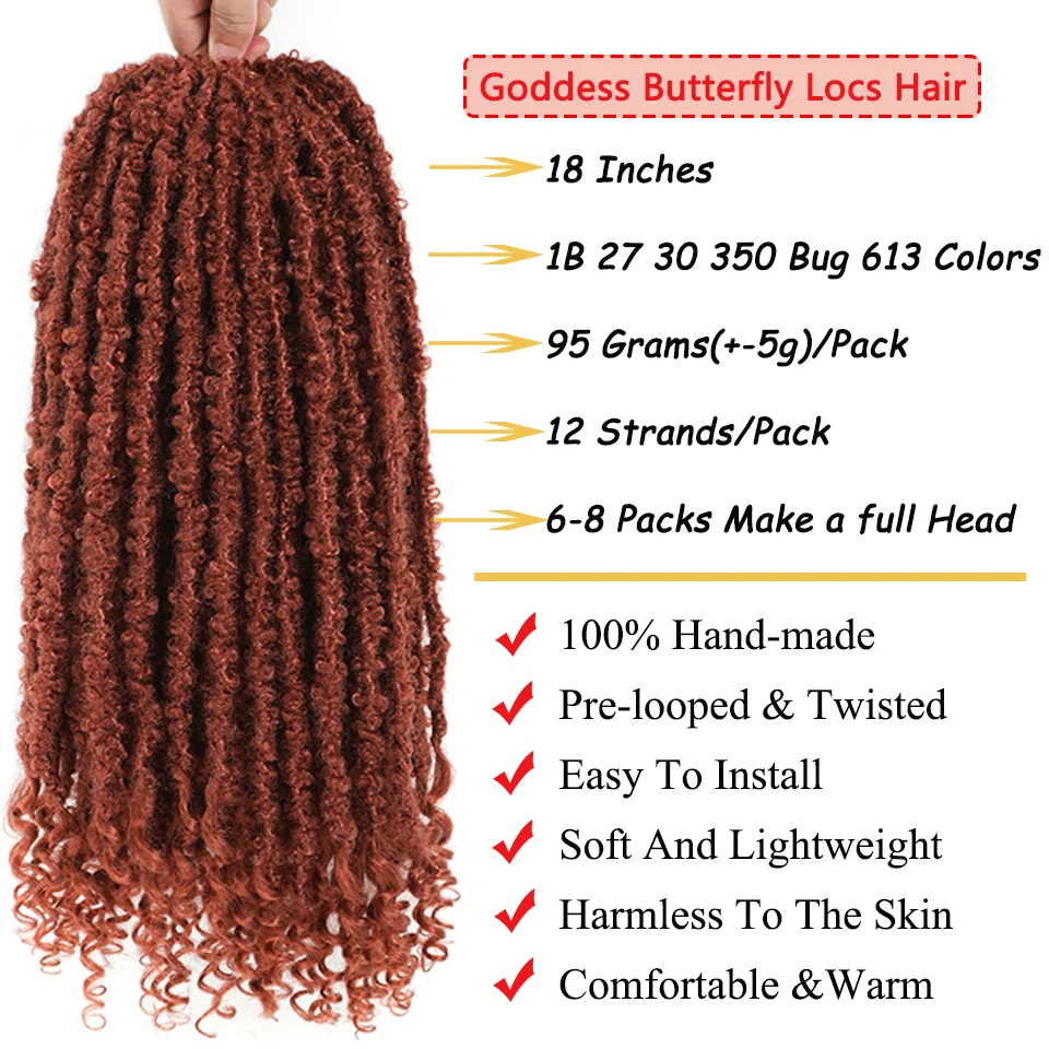 Goddess Butterfly Locs Crochet Hair 18 Inch 8 Packs Synthetic Ombre Distressed Butterfly Locs Crochet Hair Curly Ends for Women