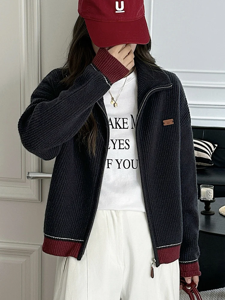 Autumn Winter Women 100% Merino Wool Cardigan Sweater Clashing Color Zipper Cashmere Knit Versatile Warm Long Sleeve Jackets
