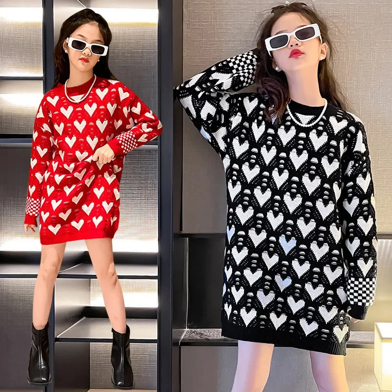 Girls Sweaters Spring Autumn New Mid-Length Knitted Dresses Fashion Love Print Round Neck Tops Teenager Pullovers 8 10 12 14 Yrs