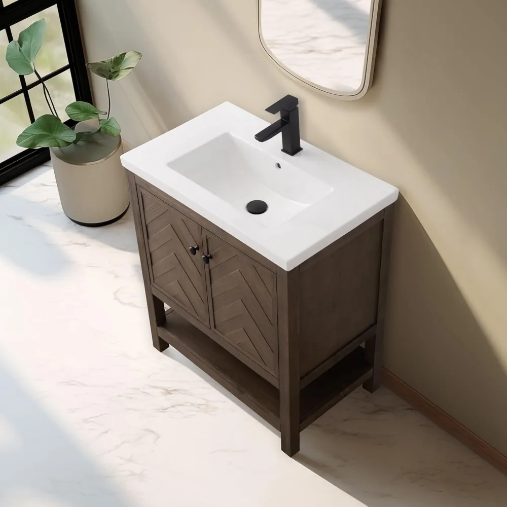 "24-30" Bath Vanity Set - Integrated Porcelain Sink, Complete Storage Cabinet for Bathroom"