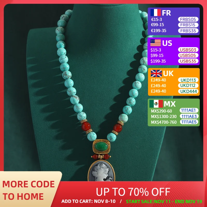 

Vintage Turquoise Necklace For Woman Long Bead Chain Oval Cameo Head Pendant Jewelry Gift Antique Boho Accessories Bohemia 2025