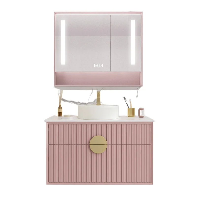 

New pink wash double basin bathroom vanity furniture cabinet with light function