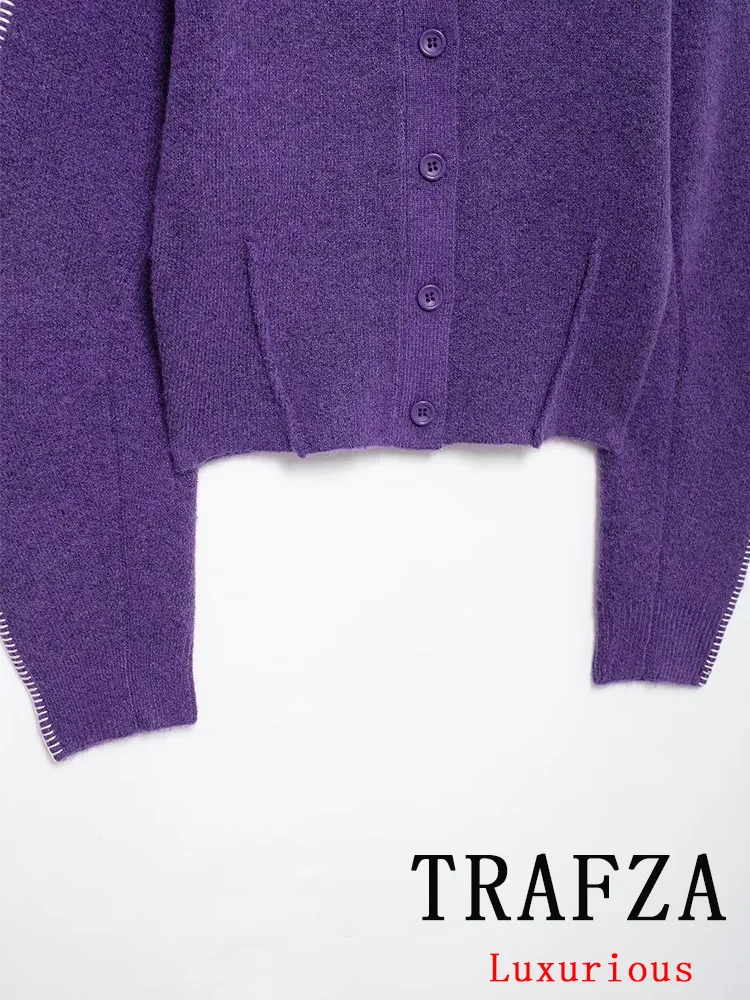 TRAFZA Vintage Casual Chic sweter damski fioletowy jednolity, stójka jednorzędowy, dzianinowy sweter moda 2024 jesienno-zimowy sweter