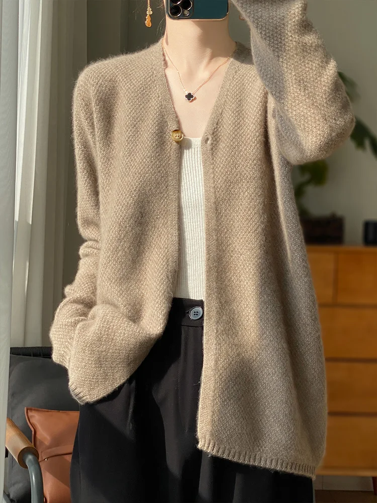 100% Merino Wool Sweater For Women V-neck Long Sleeve Basic Grace Cardigan Spring Autumn Office Lady Clothes Korean Fashion Tops