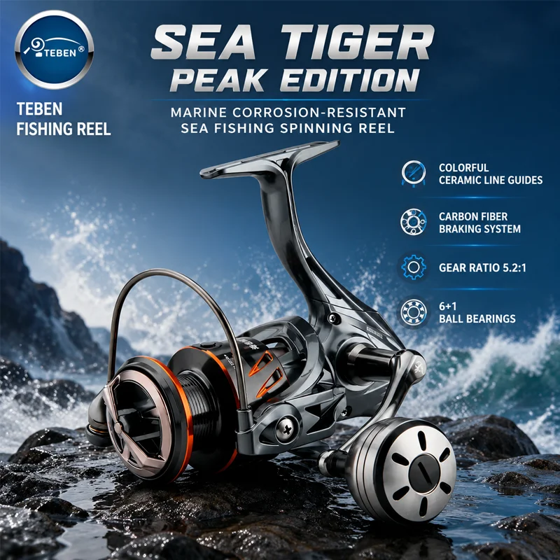 Спиннинговая катушка TEBEN Sea Tiger Peak Edition 6 Plus 1, 6 подшипников из нержавеющей стали, передаточное число 5:2, устойчива к коррозии, для морской рыбалки.