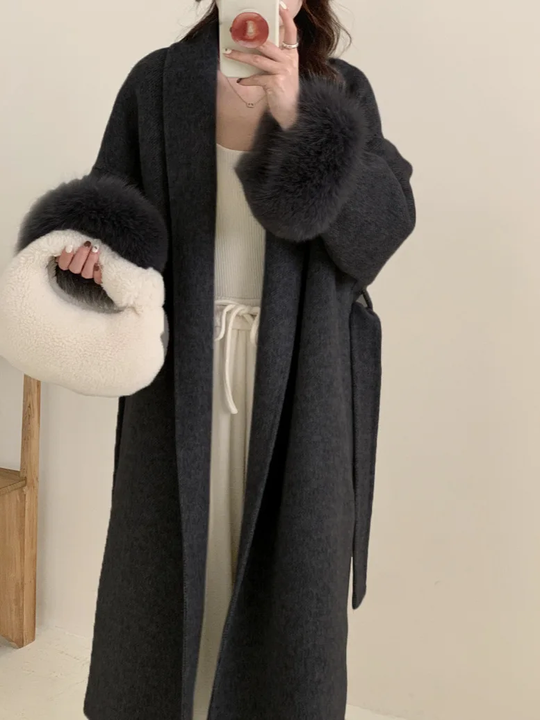 

Fashion Two Sided Spliced Cashmere Coat For Women turn down collar Long Sleeves Solid Color Coats 2025 Winter New