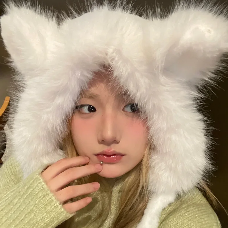 2024 Winter New Cute Fox Ear Hats Woman Plush Warm Thickened Bomber Caps Fashion Y2k Girl Sweet Hat Streetwear Casual Bonnets