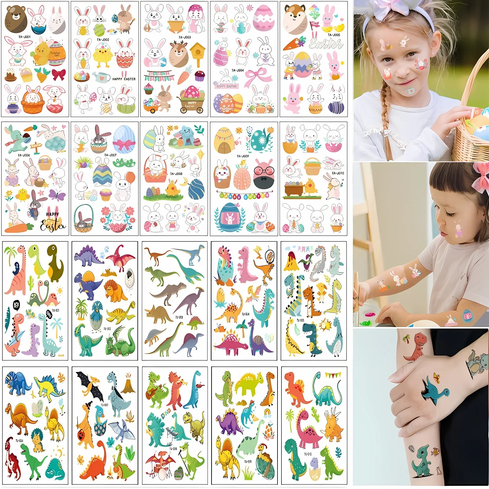 20pcs/lot Disposable Kids Tattoo Temporary Cute Dinosaur Easter Festival Egg Rabbit Tattoo Stickers Children for Hand Feet Wrist