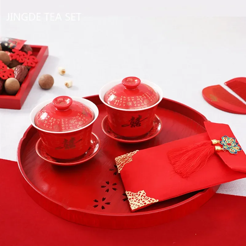 2pcs Chinese Ceramic Tea Tureen Handmade Boutique Gaiwan Tea Bowl Red Teaware Supplies Portable with Lid Teacup Wedding Tea Set