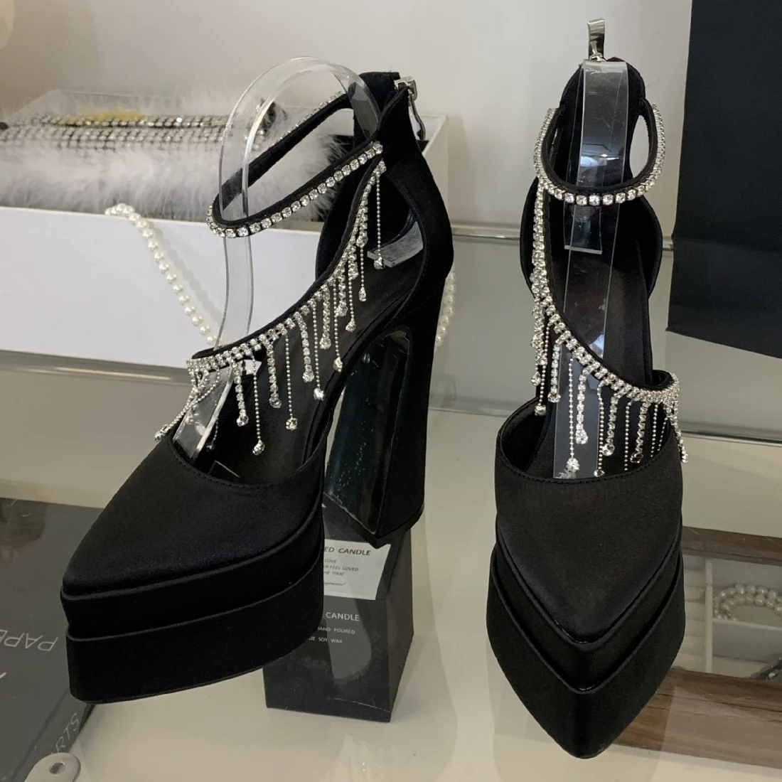 새로운 스타일 여성용 뾰족코 샌들, 큰 사이즈 15cm 스틸레토 힐 플랫폼 큐빅 프린지 슈즈