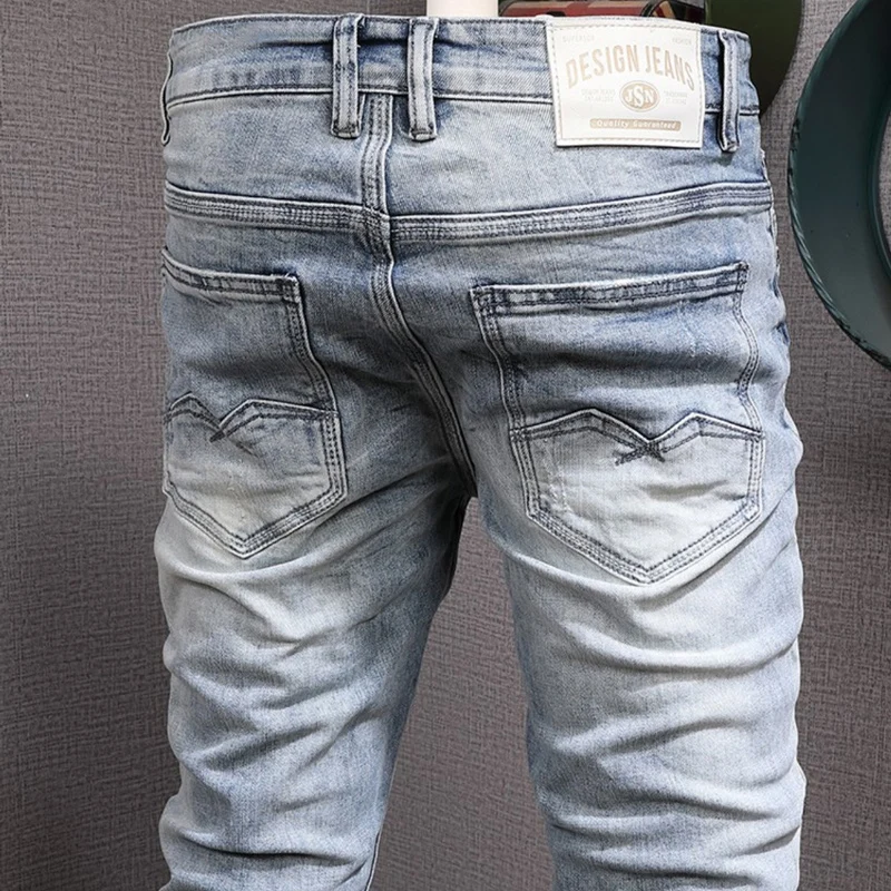 Fashion Designer Men Jeans Retro Light Blue Stretch Slim Fit Ripped Jeans Men Vintage Trousers Korean Style Casual Denim Pants