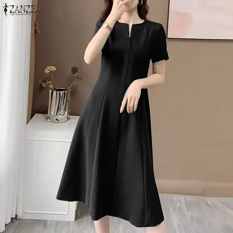 

2026 ZANZEA Stylish Summer A Line Dress Elegant Women OL Work Dresses V Neck Short Sleeve Sundress Solid Color Holiday Midi Robe