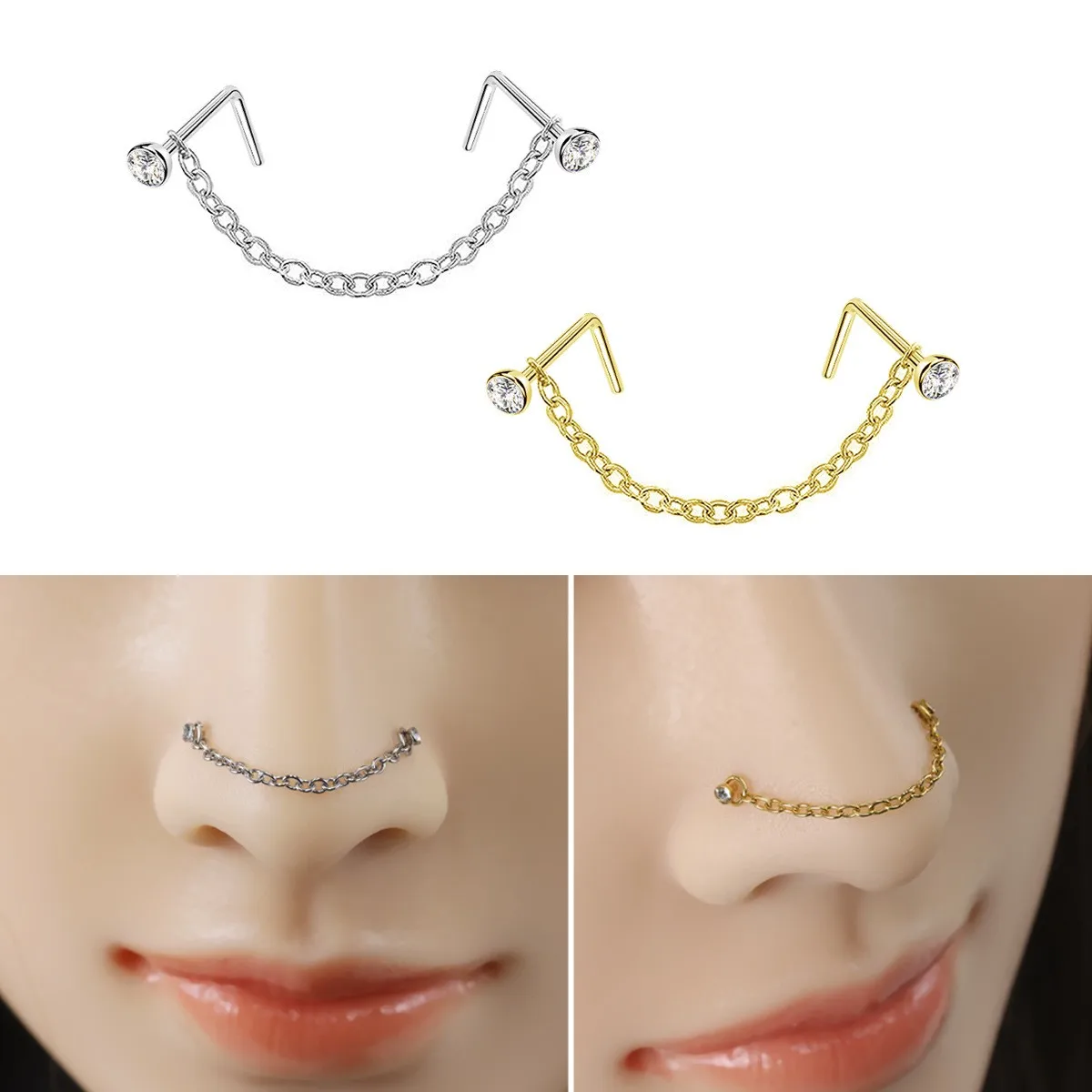 316L Medical Stainless Steel Double Nose Ring Chain Zircon Nose Stud Hoop Dangle Tassel Piercing Jewelry Helix Cartilage Hypoall