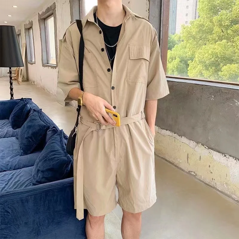 2024 Summer New Men\'s Hip Hop Jumpsuit Japanese Retro Workwear Style Jumpsuit Couple Loose Casual Set Ultra Thin Ice Silk Cool