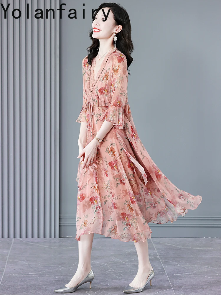 YOLANFAIRY 100% فستان حريري التوت الأصلي للنساء تقسم الدانتيل الخامس الرقبة فستان أنيق جودة عالية فساتين طويلة الأزهار امرأة