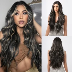 Synthetic Lace Hairline Wigs Long Wavy Lace Forehead Wig Brown Hand Crochet Wigs with Blonde Highlights for Women Heat Resistant