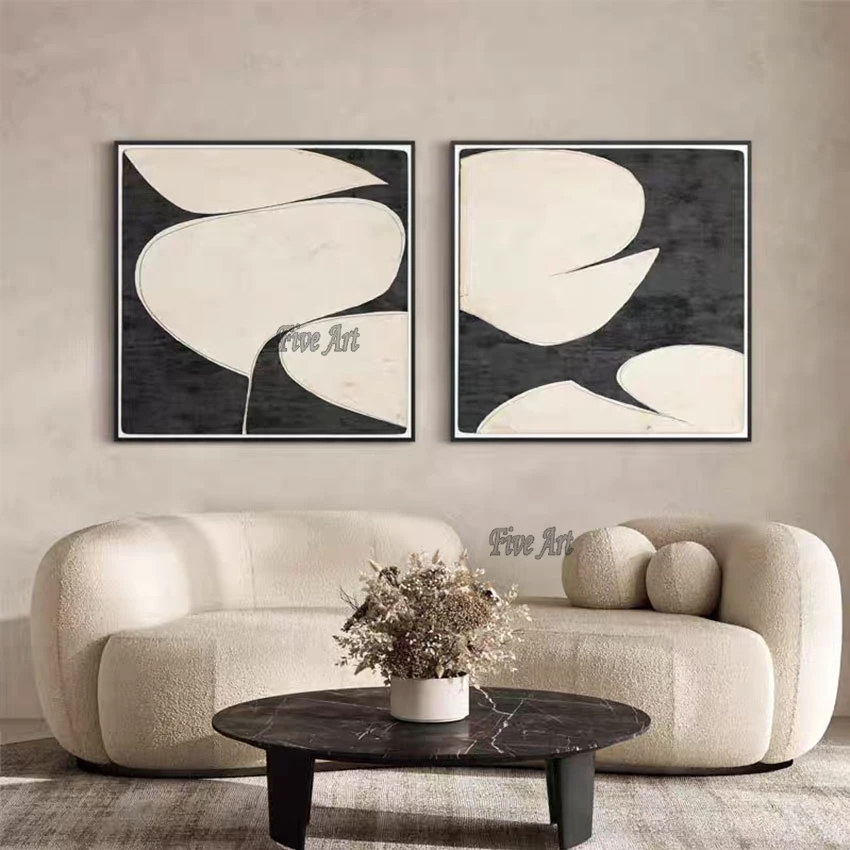 Hand-painted 2 Panel Canvas Wall Art Abstract Painting Black And White Wallpaper Home Decoration Picture For Living Room