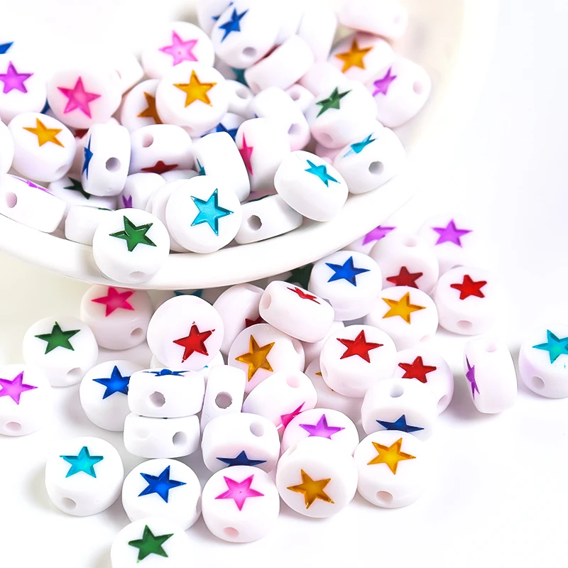 100pcs 7x3.6mm  Acrylic Multicolor Star Pattern Flat Round Scattered Beads For Jewelry Making Diy Handmade Bracelet Accessories