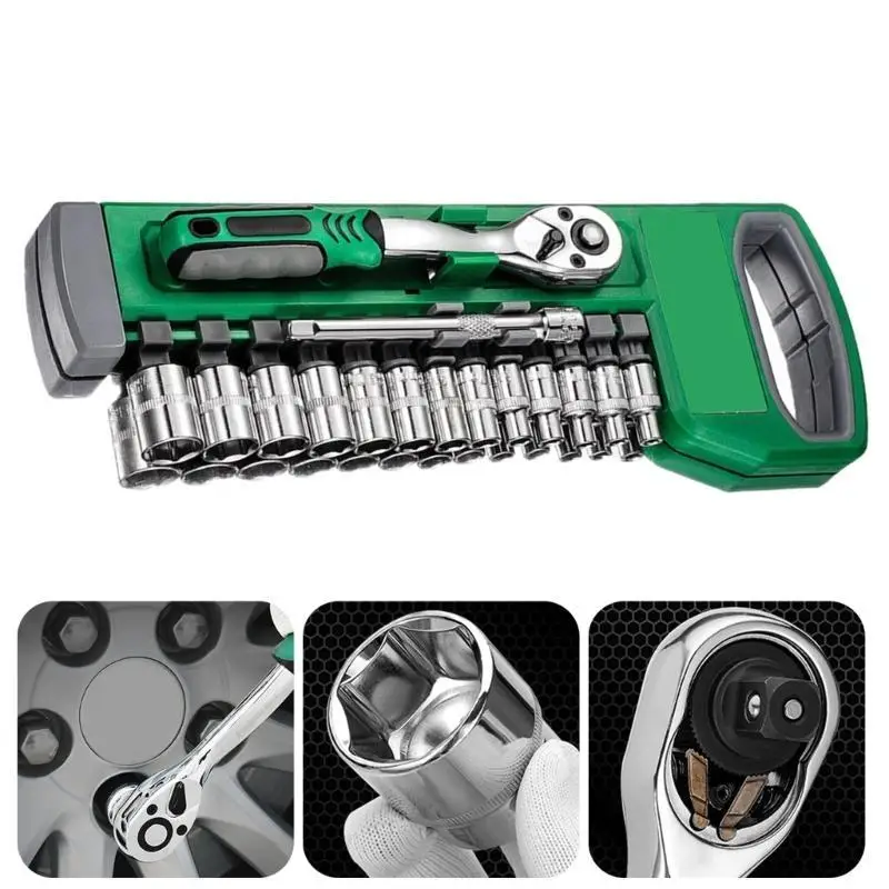 652F 1/4Inch Adjustable Wrench and Sockets Set Complete Tool for Home Automotive Repair
