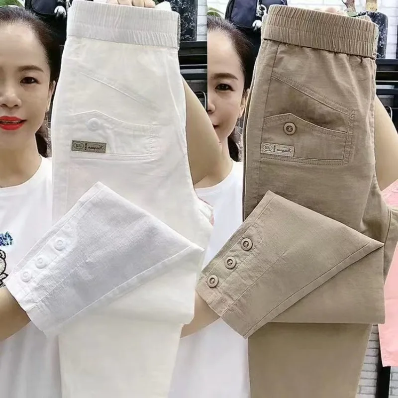 Women Spring Summer Pop Fashion High-end Ladies Washed Cotton Casual Pants Straight Pants High-Waisted Long Pants Skinny