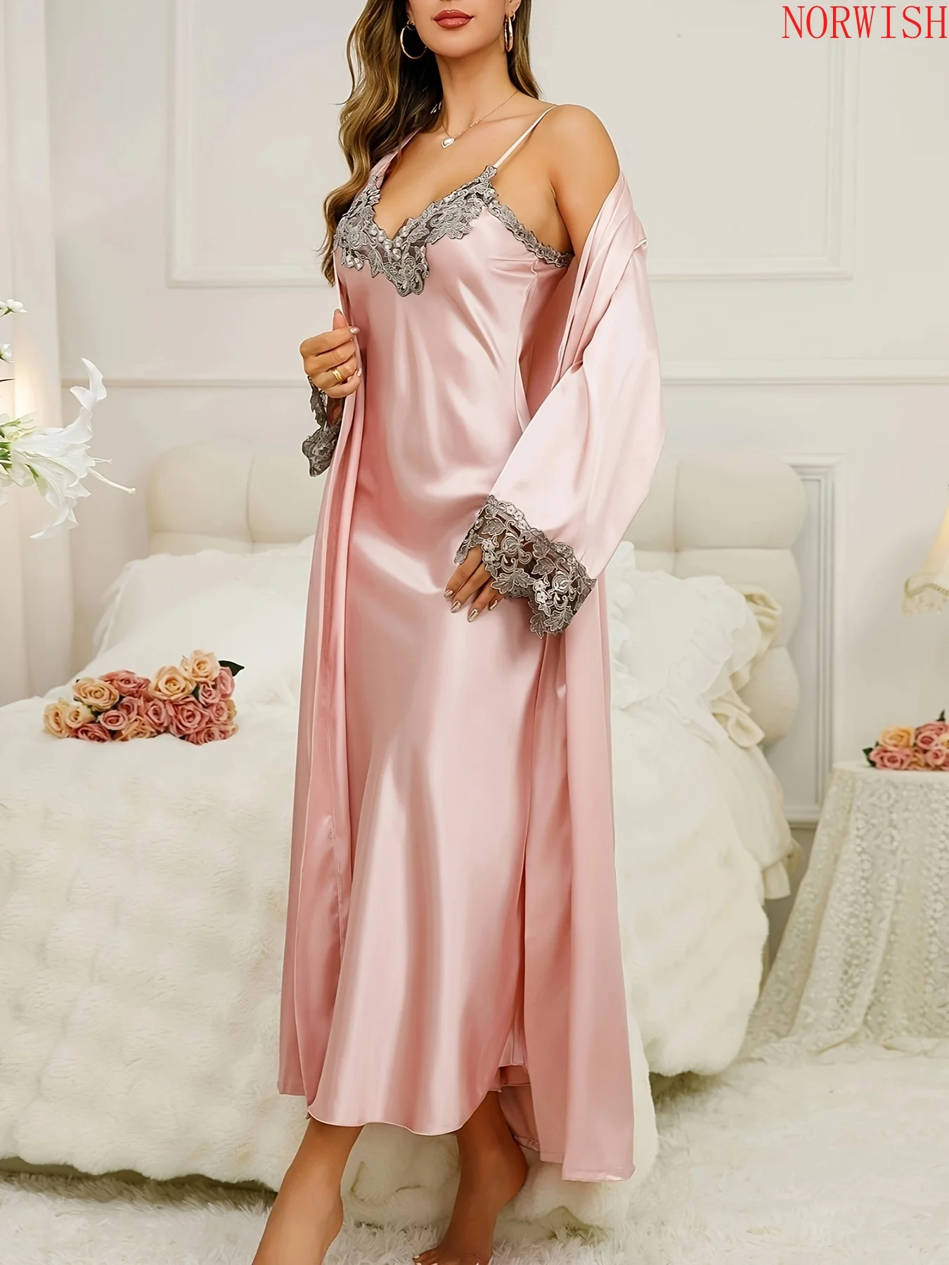 Women Elegant Sexy Solid Color Lace 2Pcs Robe & Nightgown Set Long Sleeve V Neck Belted Sleepwear Ladies Home Loungewear