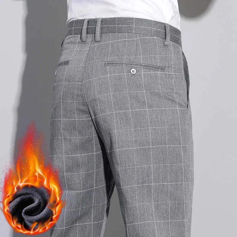 

Comfortable Winter Thick Plaid Pants Men's Warm Fleece Slim Business Trousers Plush Fashionable Classic Trousers Male
