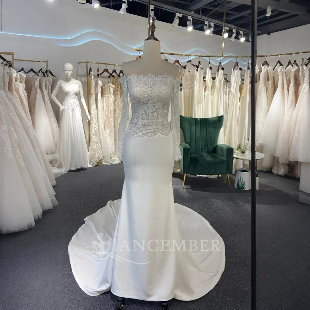 

Ivory Lace Boat Neck Princess Wedding Dresses For Bride Full Sleeve Women Ball Bridal Gown vestido de novias 2025 LSSG015