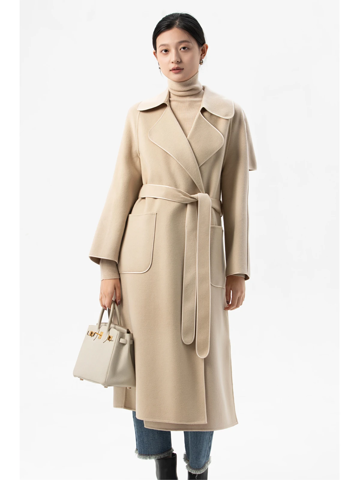 

Женское шерстяное двустороннее пальто средней длины с ацетатной австралийской ультратонкой шерстяной ветровки с поясом Long Sve