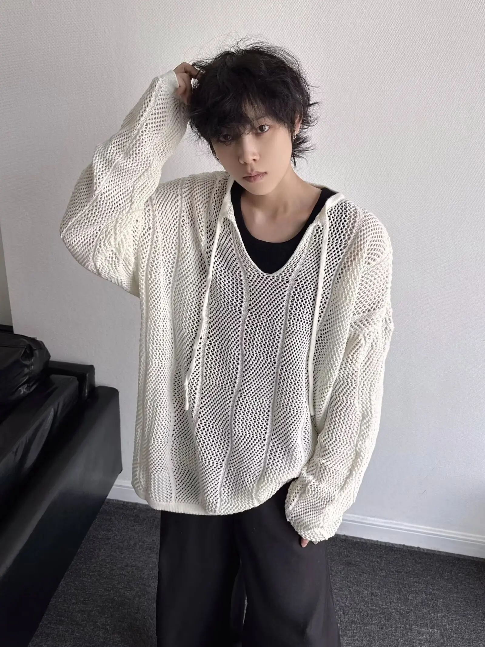 

Свободный вязаный свитер с длинными рукавами в корейском стиле, с V-образным вырезом, завязками и вырезами, в стиле Lazy, свободный топ для защиты от солнца