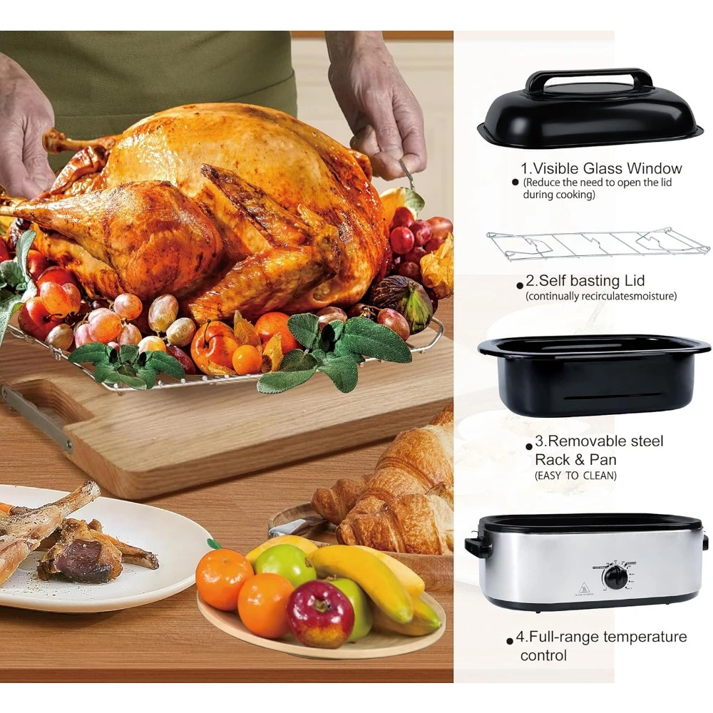 28 Qt Slow Cooker Electric with Visible & Self-Basting Lid & Defrost Warm Function, Removable Pan Rack, Slow Cooker