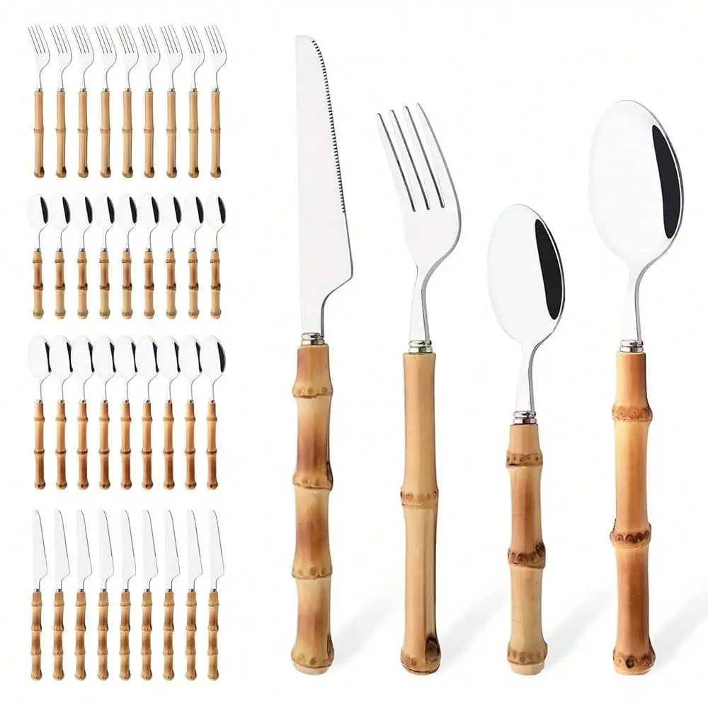 

Silverware Set For 10, Bamboo Handle Flatware Set, Stainless Steel Cutlery Set For Home Restaurant And Party, Bamboo Forks Spoo