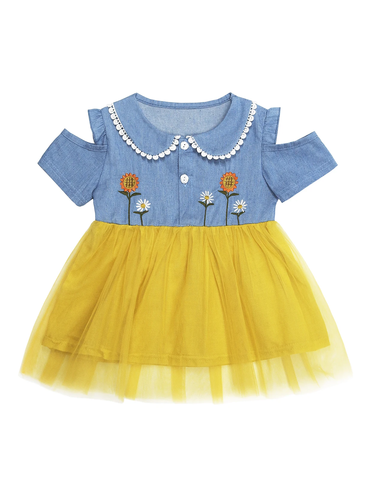 KIDSCOOL SPACE Baby Girls Overalls Jean Dress, Flower Embroidered Double Color Spliced Tulle Skirts