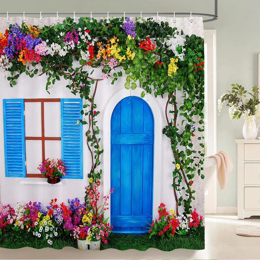 

Flower scenery in rural towns printed Shower Curtain 3D Street Window Flower Landscape Printed Home Decoration Bathroom Curtain