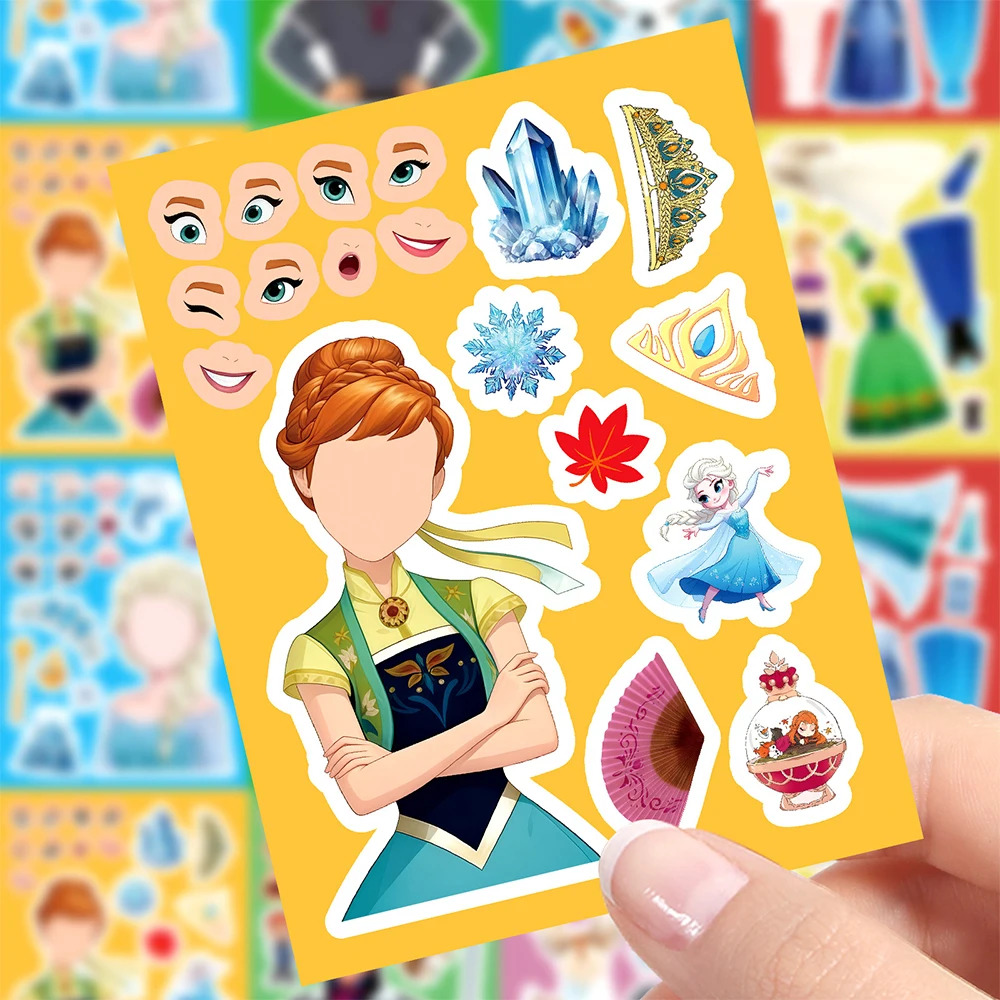 8/16 arkuszy Naklejki Puzzle Księżniczka Elsa Anna Disney Frozen Śliczne Kreskówki Zrób Minę DIY Składaj Układanka Zabawki Edukacyjne Naklejki