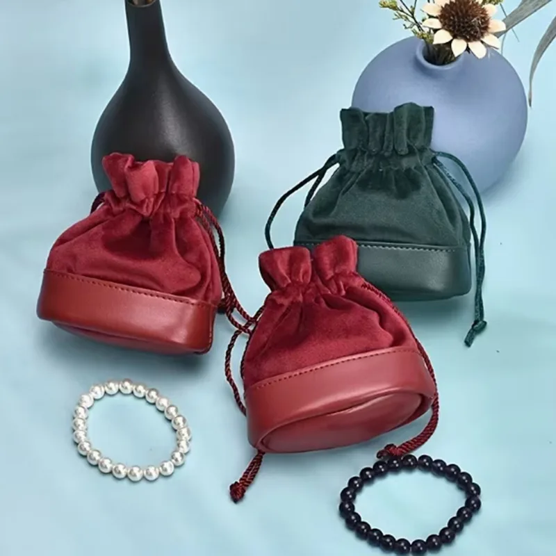 

Leather Spliced Portable Drawstring Jewelry Bag for Rings Stud Earrings Accessories Headphones and Small Items Storage Bag