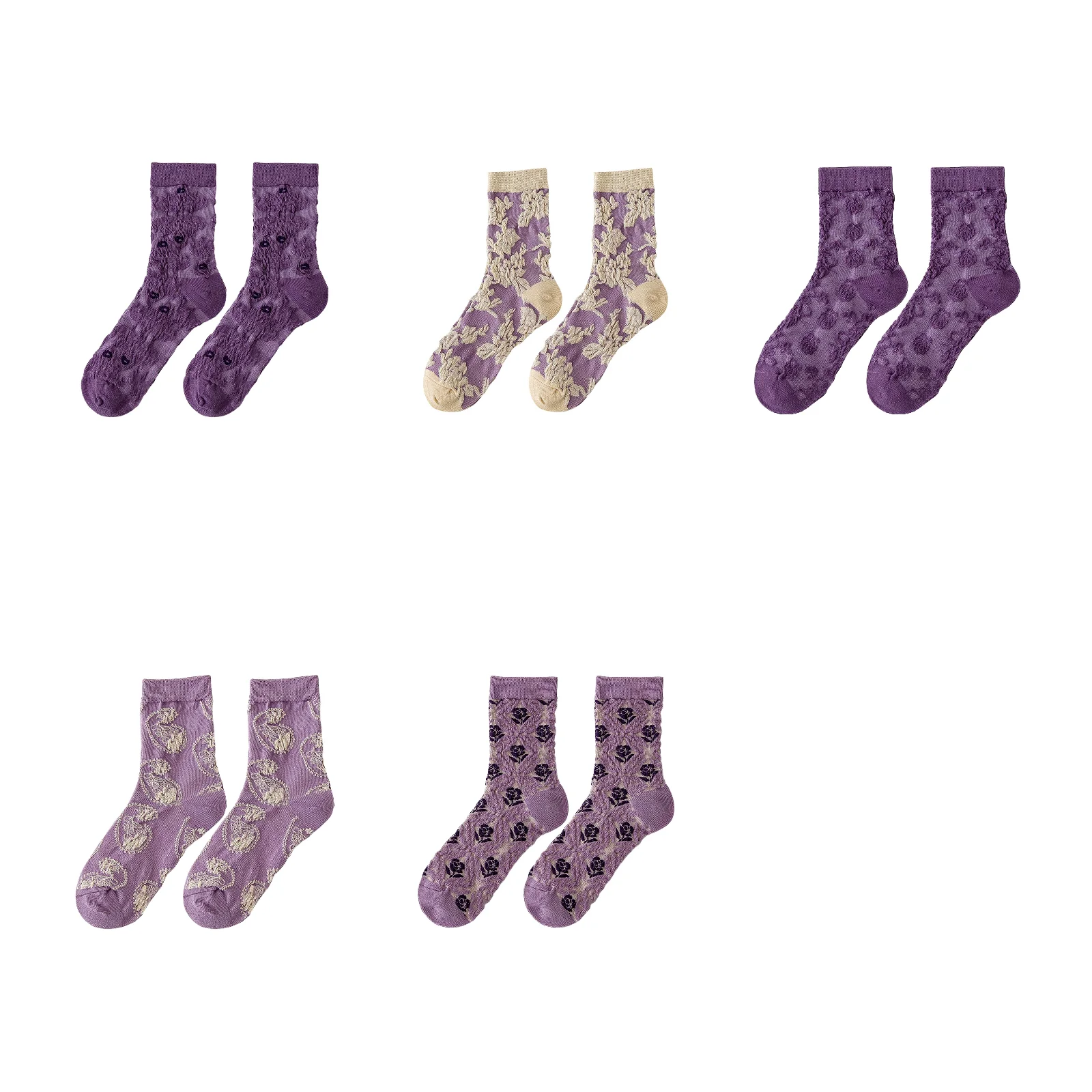 

Floral fashion stockings set (1 pair each of small black flower/large pattern/purple pattern/small pattern/purple rose)